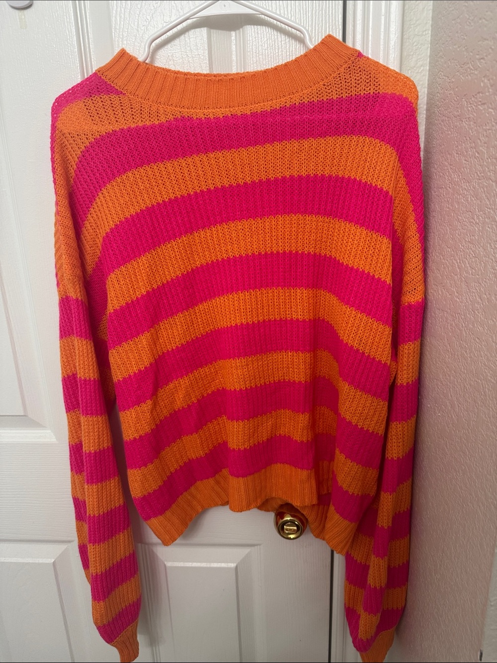 SHEIN Hot Pink and Orange Striped Crewneck Sweater